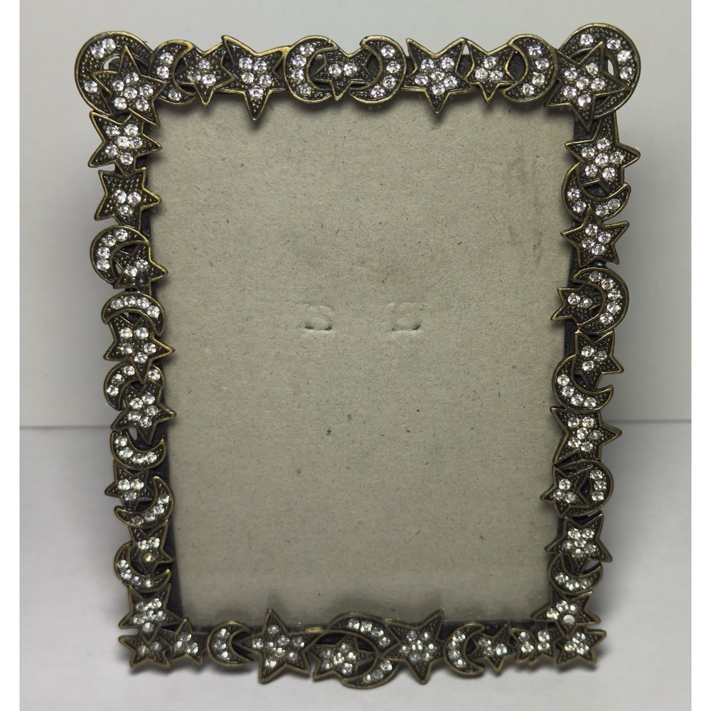 Vtg‎ Crystal Celestial Photo Frame Moon Stars Rhinestones Brass Metal Picture
